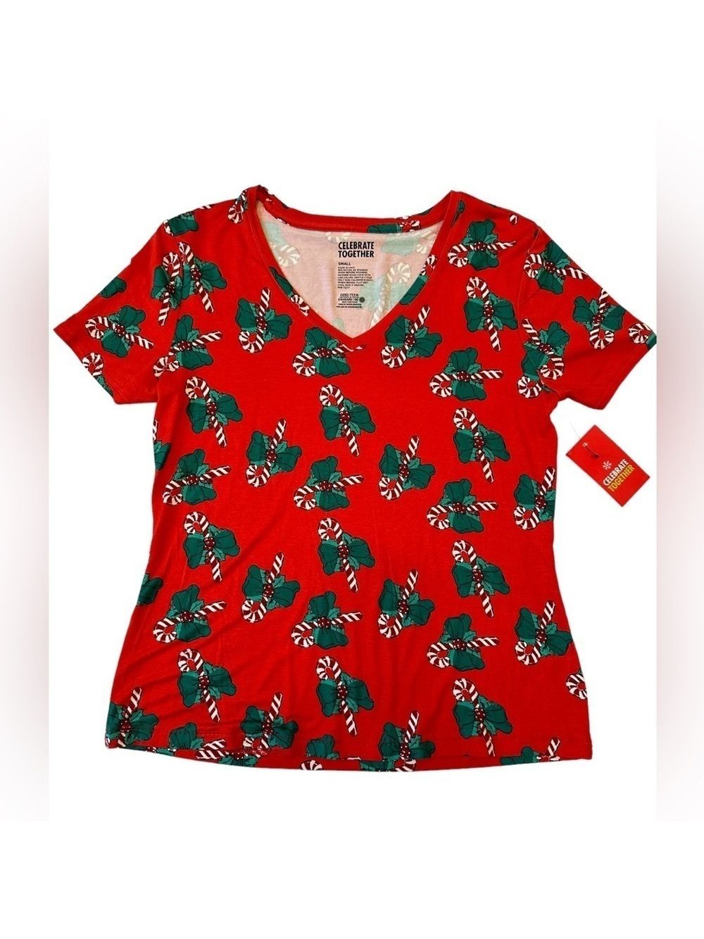 Celebrate Together Womens Small Candy Cane Tshirt Top Blouse Red Tee Shirt Nwt